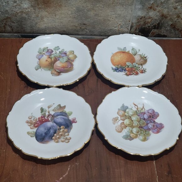 Vintage Schumann Arzberg Germany Fruit & Nuts Dish Plate Set of 4 Gold Scalloped - Picture 1 of 9